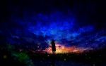  1girl clouds cloudy_sky grass highres long_hair night night_sky original outdoors scenery silhouette sky solo standing star_(sky) starry_sky teataster 