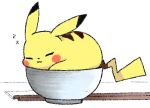  :3 bowl closed_eyes commentary creatures_(company) english_commentary facing_viewer from_side game_freak gen_1_pokemon in_bowl in_container latenight nintendo no_humans pikachu pokemon pokemon_(creature) simple_background sleeping white_background zzz 