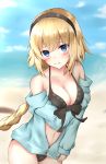  1girl bikini black_bikini black_hairband blonde_hair blue_eyes blue_jacket blue_sky blush braid breasts cleavage collarbone cowboy_shot day eyebrows_visible_through_hair fate/grand_order fate_(series) floating_hair front-tie_bikini front-tie_top hair_between_eyes hairband head_tilt jacket jacket_pull jeanne_d&#039;arc_(fate)_(all) jeanne_d&#039;arc_(swimsuit_archer) long_hair looking_at_viewer medium_breasts navel open_clothes open_jacket outdoors shiny shiny_hair single_braid sky smile solo standing swimsuit tan_(kiriya0752) very_long_hair 