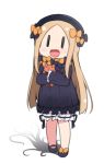  1girl :d abigail_williams_(fate/grand_order) bangs black_bow black_dress black_hat blonde_hair bloomers bow dress fate/grand_order fate_(series) forehead hat holding holding_stuffed_animal long_hair miyako_hito object_hug open_mouth orange_bow parted_bangs polka_dot polka_dot_bow sleeves_past_fingers sleeves_past_wrists smile solo stuffed_animal stuffed_toy teddy_bear underwear white_bloomers |_| 