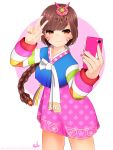  1girl ab-anarchy braid brown_eyes brown_hair cellphone d.va_(overwatch) hair_ornament highres nail_polish overwatch palanquin_d.va phone self_shot signature smile v watermark web_address whisker_markings 