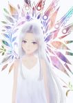  1girl bangs bare_arms bare_shoulders brown_eyes commentary_request dress grey_hair long_hair looking_at_viewer original parted_bangs parted_lips sakimori_(hououbds) solo upper_body very_long_hair white_dress 