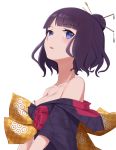  1girl bare_shoulders black_hair blue_eyes blush breasts cleavage eyebrows_visible_through_hair fate/grand_order fate_(series) hair_ornament hair_stick highres japanese_clothes jilu katsushika_hokusai_(fate/grand_order) long_hair looking_at_viewer medium_breasts simple_background solo upper_body white_background 