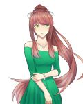  1girl absurdres artist_name bare_shoulders bracelet breasts brown_hair commentary cowboy_shot doki_doki_literature_club dress english_commentary eyebrows_visible_through_hair green_dress green_eyes hair_ribbon highres jewelry long_hair looking_away marygold-sky medium_breasts monika_(doki_doki_literature_club) necklace off-shoulder_dress off_shoulder parted_lips ponytail ribbon signature smile solo strapless strapless_dress very_long_hair white_ribbon 