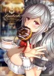  1girl azur_lane bangs blurry blurry_background blush bow bowtie breasts choker circle_cut cleavage coffee cover cup detached_collar detached_sleeves doughnut dunkerque_(azur_lane) eyebrows_visible_through_hair food grey_hair hair_ornament hand_up highres holding_saucer indoors large_breasts light_particles long_hair looking_at_viewer maid maid_headdress mouth_hold mug origin_(fefnir_nightload) pink_eyes ponytail sidelocks skindentation solo sparkle steam wrist_cuffs 