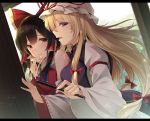 2girls :t ascot bangs bare_shoulders black_hair blue_neckwear blush bow breasts brown_eyes commentary_request detached_sleeves dress dutch_angle eyebrows_visible_through_hair fan folding_fan hair_between_eyes hair_bow hair_tubes hakurei_reimu hand_on_another&#039;s_chin hat highres holding holding_fan juliet_sleeves letterboxed long_hair long_sleeves looking_at_viewer medium_breasts mob_cap multiple_girls open_mouth profile puffy_sleeves red_bow ribbon-trimmed_sleeves ribbon_trim sidelocks single_sidelock tabard touhou toyosaki_shu upper_body white_dress white_hat wide_sleeves yakumo_yukari you_gonna_get_raped yuri