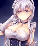  1girl apron azur_lane bangs belfast_(azur_lane) blue_eyes blush braid breasts chains cleavage collar collarbone corset dress eyebrows_visible_through_hair french_braid frills gloves hand_on_own_cheek highres large_breasts long_hair looking_at_viewer maid maid_headdress sidelocks silver_hair simple_background slit_pupils solo sukemyon tsurime upper_body white_gloves 