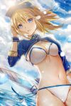 1girl artoria_pendragon_(all) bangs bikini blonde_hair blue_eyes blue_sky blush breasts clouds fate/grand_order fate_(series) highres long_hair looking_at_viewer mysterious_heroine_x mysterious_heroine_xx_(foreigner) outdoors side-tie_bikini sky swimsuit user_lbv2527 