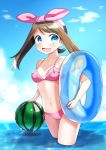 1girl :d absurdres bangs bikini blue_eyes blue_sky blush bow breasts brown_hair cleavage clouds collarbone creatures_(company) day food fruit game_freak hair_bow hairband haruka_(pokemon) highres innertube long_hair looking_at_viewer navel nintendo open_mouth outdoors parted_bangs pink_bikini pink_bow pink_hairband pokemon pokemon_(game) pokemon_rse shiny shiny_hair shiny_skin side-tie_bikini sky small_breasts smile solo standing swimsuit transparent twintails wading watermelon wet yuihiko 