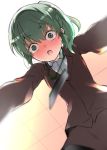  all_fours blush coat collared_shirt commentary_request fang full-face_blush green_eyes green_hair highres igarashi_futaba_(shiromanta) lanyard looking_at_viewer lying medium_hair office_lady on_stomach orz overcoat pantyhose ponytail qqyy8rf9k senpai_ga_uzai_kouhai_no_hanashi shirt wide-eyed 