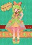  1girl argyle argyle_background bangs blunt_bangs bow caterpie character_name creatures_(company) dated dress english full_body game_freak gen_1_pokemon green_dress green_footwear green_hair hair_bow hair_ornament highres looking_at_viewer mameeekueya moemon nintendo open_mouth orange_eyes personification pokemon pokemon_(creature) pokemon_number puffy_short_sleeves puffy_sleeves shoes short_hair short_sleeves smile speech_bubble standing striped striped_background 
