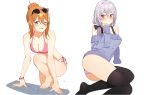  2girls absurdres bare_legs bare_shoulders barefoot bikini blue_eyes blue_sweater blush breasts cleavage dripping eyebrows_visible_through_hair eyewear_on_head folded_ponytail full_body hair_between_eyes hair_over_shoulder highres icarus_(632247131) long_hair looking_at_viewer low_ponytail medium_breasts midriff multiple_girls off-shoulder_sweater one_eye_closed orange_hair original parted_lips pink_bikini red_eyes short_hair side-tie_bikini silver_hair simple_background sitting soles sunglasses sweater swimsuit thigh-highs thighs wet wet_clothes 