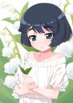  1girl bangs bare_shoulders black_eyes black_hair casual closed_mouth commentary dress eyebrows_visible_through_hair flower girls_und_panzer holding holding_flower lily_of_the_valley looking_at_viewer off-shoulder_dress off_shoulder senzoc short_hair short_sleeves smile solo standing upper_body utsugi_yuuki white_background white_dress 