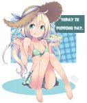  1girl :q ahoge aqua_bikini aqua_eyes bangs barefoot bikini bikini_skirt blonde_hair blush breasts cleavage collarbone commentary_request food hat hat_ribbon holding holding_spoon kiwi_slice knees_up kuro_(kuroneko_no_kanzume) long_hair original plaid pudding ribbon sitting small_breasts solo spoon straw_hat swimsuit tongue tongue_out twintails 