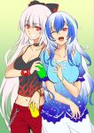 2girls ;d alternate_costume black_shirt blouse blue_blouse blue_hair bow bracelet breasts can chains collar collarbone commentary_request fujiwara_no_mokou grin hair_between_eyes hair_bow hair_ornament hairclip hijikawa_arashi holding holding_can jewelry kamishirasawa_keine large_breasts long_hair looking_at_viewer midriff multicolored_hair multiple_girls one_eye_closed open_mouth pants red_eyes red_pants shirt sketch skirt smile tank_top touhou two-tone_hair very_long_hair white_hair white_skirt wristband 