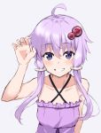 1girl ahoge arm_up bangs bare_arms bare_shoulders blush breasts collarbone commentary_request criss-cross_halter dress eyebrows_visible_through_hair fingernails grey_background grin hair_between_eyes hair_ornament halterneck highres kohakope long_hair purple_dress purple_hair sidelocks simple_background small_breasts smile solo upper_body violet_eyes voiceroid yuzuki_yukari 