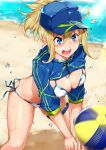  1girl ahoge ball bangs baseball_cap bikini blonde_hair blue_eyes blue_hat blurry breasts collarbone commentary_request cropped_jacket day depth_of_field eyebrows_visible_through_hair fate/grand_order fate_(series) from_above hair_through_headwear hat hidebuu leaning_forward light_rays long_hair looking_at_viewer medium_breasts mysterious_heroine_xx_(foreigner) navel ocean open_mouth outdoors ponytail sand serious side-tie_bikini skindentation solo standing sunlight sweat swimsuit thigh_strap thighs volleyball water white_bikini 