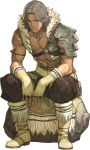  1boy abs atlas_(fire_emblem) boots brown_eyes fingerless_gloves fire_emblem fire_emblem_echoes:_mou_hitori_no_eiyuuou full_body fur_trim gloves grey_hair hidari_(left_side) highres jewelry male_focus navel necklace official_art rock scan scar shirtless sitting solo transparent_background 