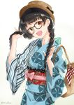  1girl :d asymmetrical_clothes bag bangs black-framed_eyewear black_bow black_hair blue_kimono blush bow braid brown_hair brown_hat commentary_request eyebrows_visible_through_hair glasses grey_background hat hat_bow head_tilt japanese_clothes kimono long_hair long_sleeves looking_at_viewer low_twintails miyabi_akino obi open_mouth original sash simple_background smile solo twin_braids twintails wide_sleeves yukata 