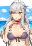  1girl azur_lane beach bikini bikini_top black_bikini_top blue_sky body_mahattaya_ginga breasts choker day dunkerque_(azur_lane) eyebrows_visible_through_hair finger_to_mouth front-tie_bikini front-tie_top hairband hand_to_own_mouth horizon large_breasts lolita_hairband long_hair looking_at_viewer open_clothes open_shirt outdoors red_eyes ribbon_trim see-through sidelocks silver_hair sky smile solo sweat swimsuit upper_body 