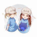 2girls :d ? blue_shirt blush brown_eyes brown_hair bucket captain_yue character_name closed_mouth clothes_writing flat_cap gradient gradient_background grey_background grey_hat hat hataraku_saibou holding holding_bucket long_hair looking_at_viewer multiple_girls open_mouth platelet_(hataraku_saibou) shirt short_sleeves smile translated twintails twitter_username very_long_hair white_background 