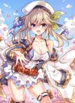  1girl bangs belt beret blonde_hair blue_eyes blue_sky breasts cleavage cucouroux_(granblue_fantasy) detached_sleeves dress granblue_fantasy hat jacket looking_at_viewer overskirt petals pontolfo skirt sky tree twintails 