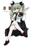  1girl alpachiiino anchovy anzio_school_uniform bangs belt black_belt black_cape black_footwear black_neckwear black_ribbon black_skirt cape character_name closed_mouth commentary dress_shirt drill_hair emblem full_body girls_und_panzer green_hair hair_ribbon holding invisible_chair italian_flag legs_crossed loafers long_hair long_sleeves looking_at_viewer miniskirt necktie pantyhose pleated_skirt red_eyes ribbon riding_crop school_uniform shirt shoes simple_background sitting skirt smile solo twin_drills twintails white_background white_legwear white_shirt 