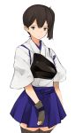  1girl blue_skirt brown_hair dress japanese_clothes kaga_(kantai_collection) kantai_collection kimono kimono_skirt side_ponytail skirt solo white_dress yamaioni_(sasakama) 