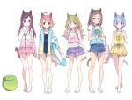  5girls ahoge animal_ears bag bangs bare_legs barefoot bikini bikini_under_clothes blue_eyes blue_hair bow breasts brown_eyes brown_hair cat_ears commentary_request feet frilled_skirt frills full_body gradient_hair hair_bow hand_on_own_chest handbag hood hooded_jacket innertube jacket kanzaki_hiro long_hair multicolored_hair multiple_girls original school_swimsuit short_hair shorts simple_background skirt small_breasts swept_bangs swimsuit violet_eyes white_background 