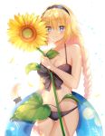  1girl bikini black_bikini black_bow black_hairband blonde_hair blue blush bow braid breasts cleavage cowboy_shot cute eyebrows_visible_through_hair eyes fate/apocrypha fate/grand_order fate_(series) floating_hair flower groin hair_between_eyes hairband highres holding holding_flower innertube jeanne_d&#039;arc_(fate)_(all) jeanne_d&#039;arc_(swimsuit_archer) large_breasts long_hair nasii navel simple_background single_braid smile solo standing sunflower swimsuit very_long_hair white_background yellow_flower 