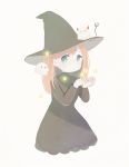  1girl ayu_(mog) black_border black_dress blue_eyes border demon dress ghost grey_background hands_up hat light_brown_hair long_hair long_sleeves looking_at_viewer original simple_background solo star witch witch_hat 