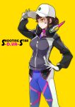  1girl absurdres alternate_hairstyle baseball_cap bodysuit breasts brown_hair cowboy_shot d.va_(overwatch) dirty_face hand_on_hip hat headphones headphones_around_neck highres jacket large_breasts low_ponytail overwatch pilot_suit ribbed_bodysuit solo takumi_chiho yellow_background yellow_eyes 