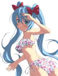  1girl arm_up armpits ass bangs bikini blue_eyes blue_hair blush bow breasts closed_mouth domo1220 eyebrows_visible_through_hair fingernails floral_print hair_between_eyes hair_bow hatsune_miku long_hair print_bikini red_bow side-tie_bikini simple_background small_breasts smile solo swimsuit twintails very_long_hair vocaloid white_background white_bikini 