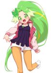  1girl :d ankle_boots bangs black_shirt boots butterfly_hair_ornament camisole clenched_hand commentary eyebrows_visible_through_hair green_eyes green_hair hair_ornament head_tilt jacket jewelpet_(series) jewelpet_sunshine jewelry letterman_jacket long_hair looking_at_viewer multicolored_hair multiple_tails necklace off_shoulder open_clothes open_jacket open_mouth orange_legwear pantyhose parted_bangs peridot_(jewelpet) peridot_(stone) pink_jacket senzoc shirt short_shorts shorts simple_background smile solo standing streaked_hair tail very_long_hair white_background white_footwear white_shorts 
