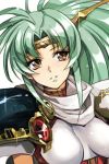  1girl angelina_(langrisser) aqua_hair armor bangs breasts brown_eyes cape green_hair hankuri langrisser long_hair parted_lips pauldrons ponytail simple_background smile solo upper_body white_background 