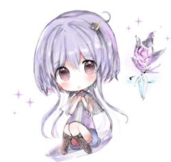  1girl :o bangs blue_skirt blush boots brown_eyes brown_footwear capelet chibi commentary_request cottontailtokki eyebrows_visible_through_hair hair_between_eyes head_tilt knee_boots long_hair looking_at_viewer parted_lips purple_hair purple_shirt see-through shadowverse shingeki_no_bahamut shirt sitting skirt sleeveless sleeveless_shirt solo sparkle spinaria_(shingeki_no_bahamut) very_long_hair white_background 