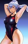  1girl adjusting_hair araimooah black_swimsuit blush breasts commentary_request competition_swimsuit fate/grand_order fate_(series) highleg highleg_swimsuit large_breasts long_hair looking_at_viewer mouth_hold one-piece_swimsuit ponytail red_eyes silver_hair solo swimsuit tomoe_(symbol) tomoe_gozen_(fate/grand_order) wet 