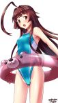  1girl ahoge aqua_swimsuit artist_name brown_eyes brown_hair collarbone competition_swimsuit covered_navel cowboy_shot dated fang flat_chest highleg highleg_swimsuit highres huge_ahoge innertube kantai_collection kuma_(kantai_collection) long_hair looking_at_viewer one-piece_swimsuit open_mouth simple_background standing swimsuit tsuchimiya white_background 
