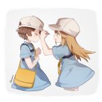  2girls :o bag bangs blue_shirt blush captain_yue character_name clothes_writing eyebrows_visible_through_hair facing_another flat_cap gradient gradient_background grey_background grey_hat hat hataraku_saibou light_brown_hair long_hair looking_at_another multiple_girls open_mouth platelet_(hataraku_saibou) profile shirt short_hair short_shorts short_sleeves shorts shoulder_bag twitter_username very_long_hair white_background white_shorts 