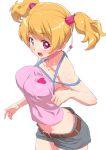  1girl bangs blonde_hair breasts brown_belt camisole commentary cowboy_shot eyebrows_visible_through_hair fresh_precure! grey_shorts hair_ornament hair_scrunchie heart leaning_forward looking_at_viewer medium_breasts midriff momozono_love open_mouth pink_eyes pink_scrunchie pink_shirt precure scrunchie senzoc shirt short_hair short_shorts shorts simple_background smile solo standing twintails white_background 