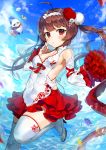  1girl ahoge azur_lane blush breasts bridal_veil brown_hair chinese_clothes cleavage clouds commentary_request flower flying gijang hair_flower hair_ornament leg_up long_hair looking_at_viewer panda petals ping_hai_(azur_lane) sideboob sky small_breasts solo thigh-highs twintails veil water 