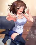  black_legwear blush breasts brown_hair dancing eyebrows_visible_through_hair hair_between_eyes highres kaga_(kantai_collection) kantai_collection large_breasts medium_hair one_eye_closed open_mouth shirt short_shorts shorts television thighs white_shirt yellow_eyes zanntetu 