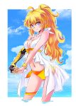  1girl ahoge alternate_hairstyle amputee asymmetrical_legwear bikini_bottom blonde_hair bracelet breasts highres iesupa jewelry large_breasts long_hair midriff navel ponytail prosthesis prosthetic_arm rwby violet_eyes water wavy_hair yang_xiao_long 