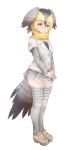  1girl animal_print bird_tail black_hair blonde_hair campo_flicker_(kemono_friends) eyebrows_visible_through_hair full_body glasses grey_legwear grey_skirt hands_together head_wings ise_(0425) kemono_friends long_sleeves looking_at_viewer multicolored_hair pince-nez pleated_skirt print_legwear print_skirt print_sleeves shoes short_hair short_over_long_sleeves short_sleeves simple_background skirt smile solo standing thigh-highs two-tone_hair v_arms white_background zettai_ryouiki 