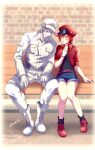  1boy 1girl ae-3803 ahoge baseball_cap belt bench beret black_shirt blush boots closed_eyes collared_shirt cross-laced_footwear denim denim_shorts full_body gloves hair_over_one_eye hand_on_own_chest hat hataraku_saibou jacket knees_apart_feet_together knees_together_feet_apart koromo_(kinu) open_mouth pants red_blood_cell_(hataraku_saibou) red_footwear red_hat red_jacket redhead shirt short_hair short_shorts shorts sitting sleeping spiky_hair t-shirt twitter_username u-1146 white_blood_cell_(hataraku_saibou) white_footwear white_gloves white_hair white_hat white_shirt white_skin yellow_eyes 