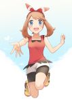  1girl :d bangs bike_shorts black_shorts blue_eyes blush bow brown_hair collarbone creatures_(company) eyebrows_visible_through_hair full_body game_freak hair_bow hairband haruka_(pokemon) highres long_hair looking_at_viewer nintendo ochi_(lokun) open_mouth outstretched_arm parted_bangs pokemon pokemon_(game) pokemon_oras red_hairband red_shirt shirt shoes short_shorts shorts shorts_under_shorts sleeveless sleeveless_shirt smile sneakers solo twintails white_background white_shorts yellow_footwear 