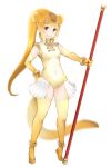  1girl animal_ears brown_eyes circlet elbow_gloves eyebrows_visible_through_hair full_body gloves golden_snub-nosed_monkey_(kemono_friends) hand_on_hip holding holding_staff ise_(0425) kemono_friends leotard long_hair looking_at_viewer monkey_ears monkey_tail orange_hair ponytail simple_background sleeveless smile solo staff standing tail thigh-highs very_long_hair white_background yellow_gloves yellow_legwear yellow_leotard 
