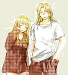  1boy 1girl blonde_hair blush breasts checkered closed_eyes edward_elric eyebrows_visible_through_hair fingernails fullmetal_alchemist grey_background hand_in_pocket height_difference long_hair long_sleeves messy_hair pajamas saliva shirt simple_background sleepy standing thighs tsukuda0310 upper_body white_shirt winry_rockbell 