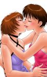  2girls arms_around_neck bangs blush breasts brown_hair closed_eyes collarbone commentary_request eyes_closed from_side hand_on_another&#039;s_hip highres kiss lipstick makeup medium_breasts multiple_girls original short_hair tank_top tongue tongue_out upper_body white_background yui_toshiki yuri 