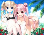  2girls :d all_fours asymmetrical_hair bangs bare_arms bare_shoulders bikini black_bikini blonde_hair blue_eyes blue_sky blush bow breasts cleavage clouds cloudy_sky commentary_request day double_bun double_scoop eyebrows_visible_through_hair flower food frilled_bikini frills hair_between_eyes hair_bow hair_ornament hairclip holding holding_food ice_cream ice_cream_cone large_breasts long_hair multiple_girls navel open_mouth original outdoors pink_hair red_bow red_eyes red_flower side-tie_bikini side_bun side_ponytail sitting sky smile strap_slip swimsuit tia-chan tongue tongue_out twintails uchuuneko very_long_hair white_bikini 